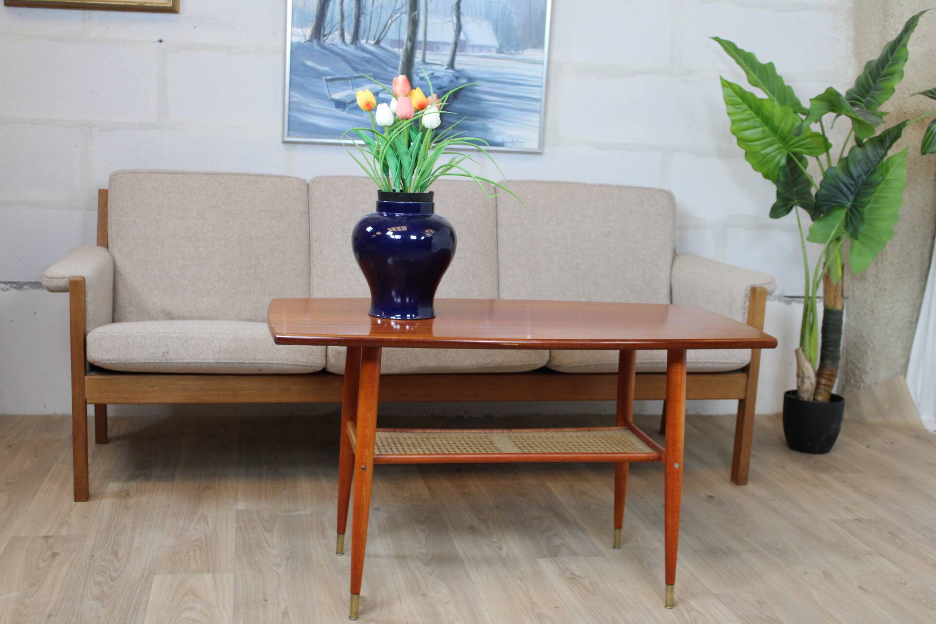 Vintage teak coffee table with double caned top 1960 Denmark