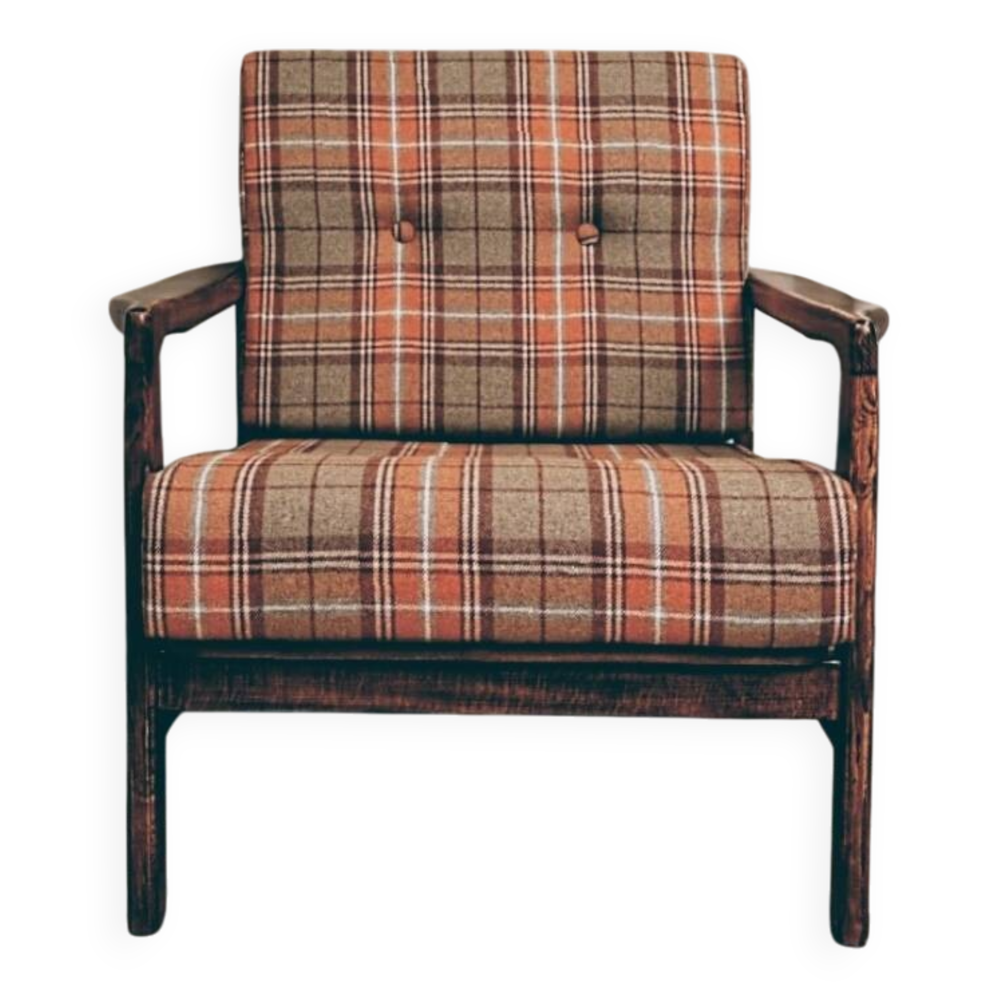 Scandinavian armchair in natural wool, orange, checked, 1965, Z. Baczyk