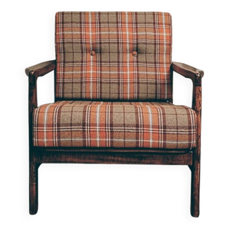 Fauteuil scandinave laine naturelle orange a carreaux 1965 Z. Baczyk
