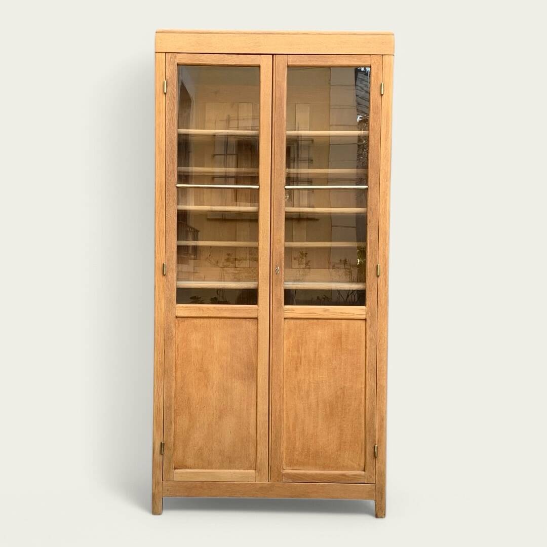 Parisian glass cabinet in solid raw oak, 1950