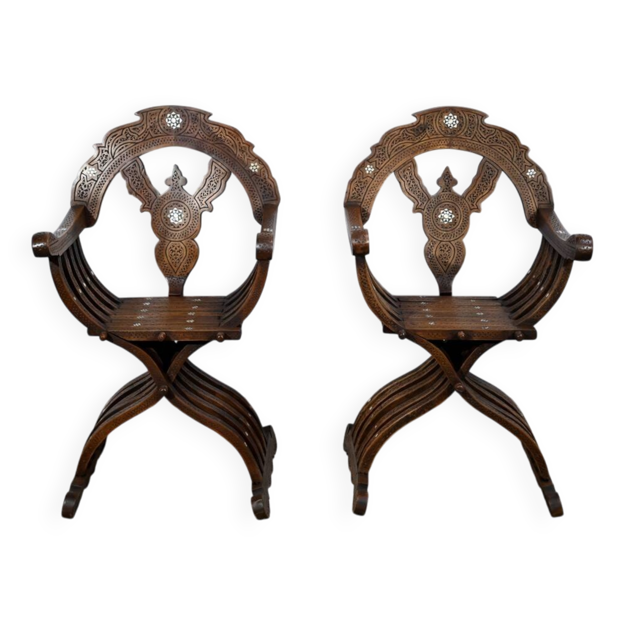 Pair of Savonarola Syrian Walnut Armchairs – Late 19th Century