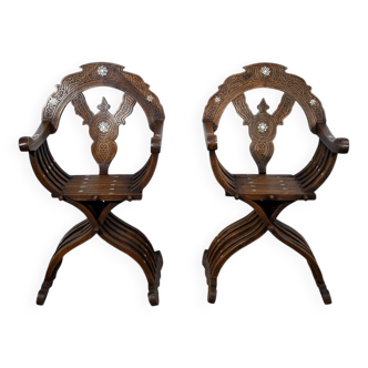 Paire de Fauteuils Syriens Savonarole en Noyer – Fin XIXe