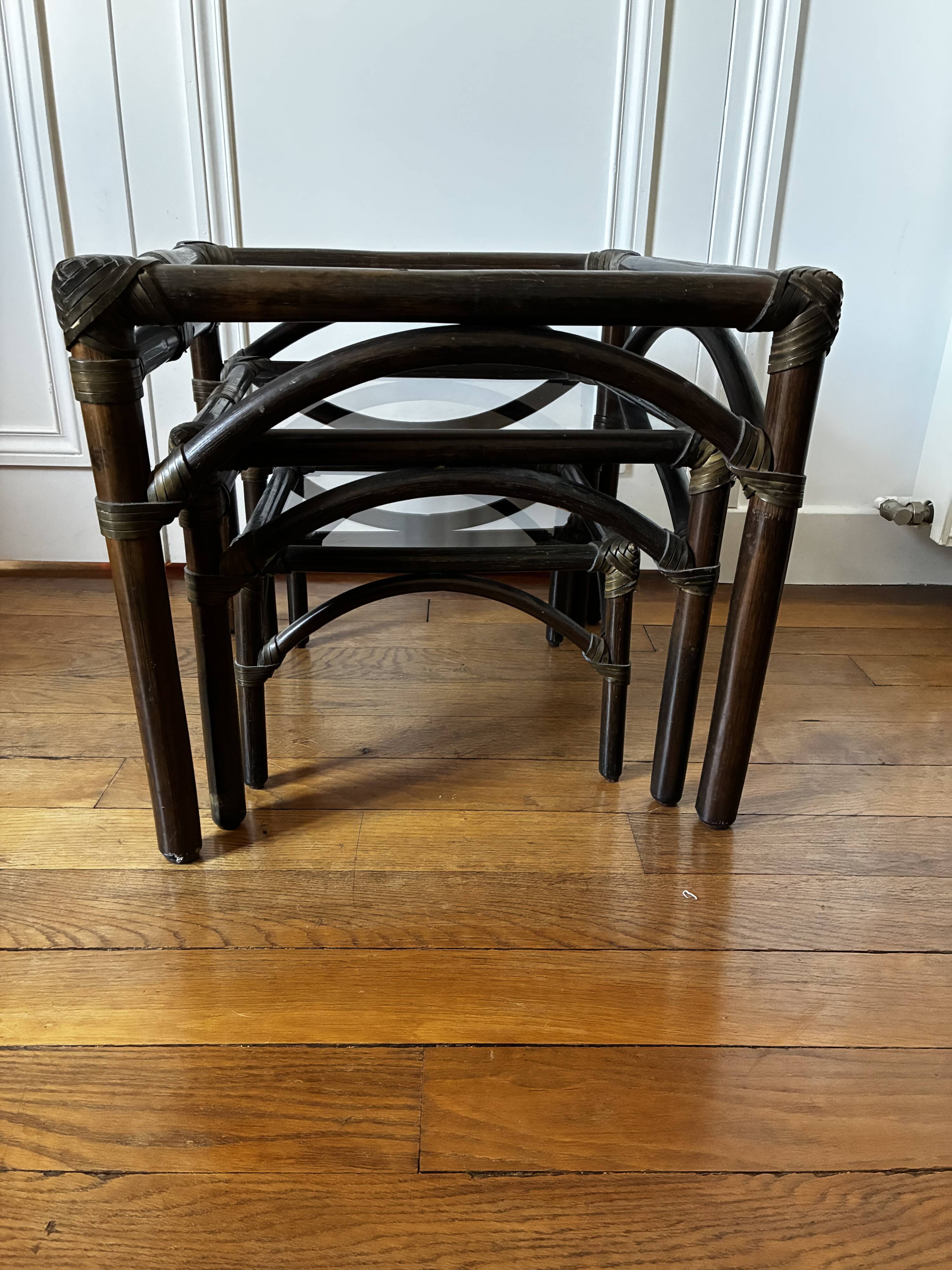 Bamboo and smoked glass nesting coffee tables