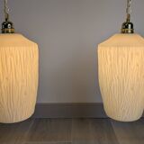 Pair of opaline pendants from the 1960s, luminous simplicity, 140 cm.