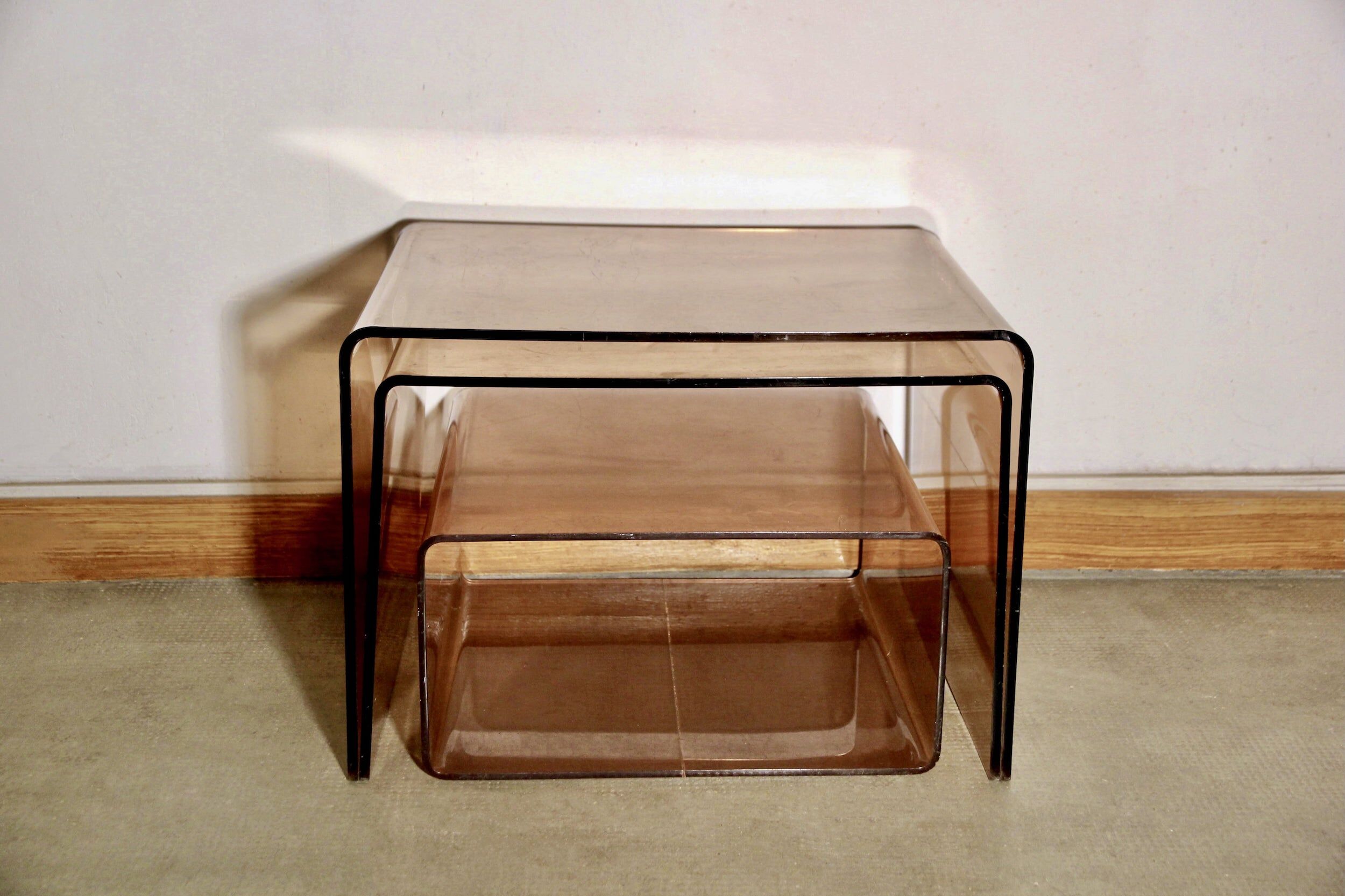 Vintage pull-out coffee tables in smoked plexiglass