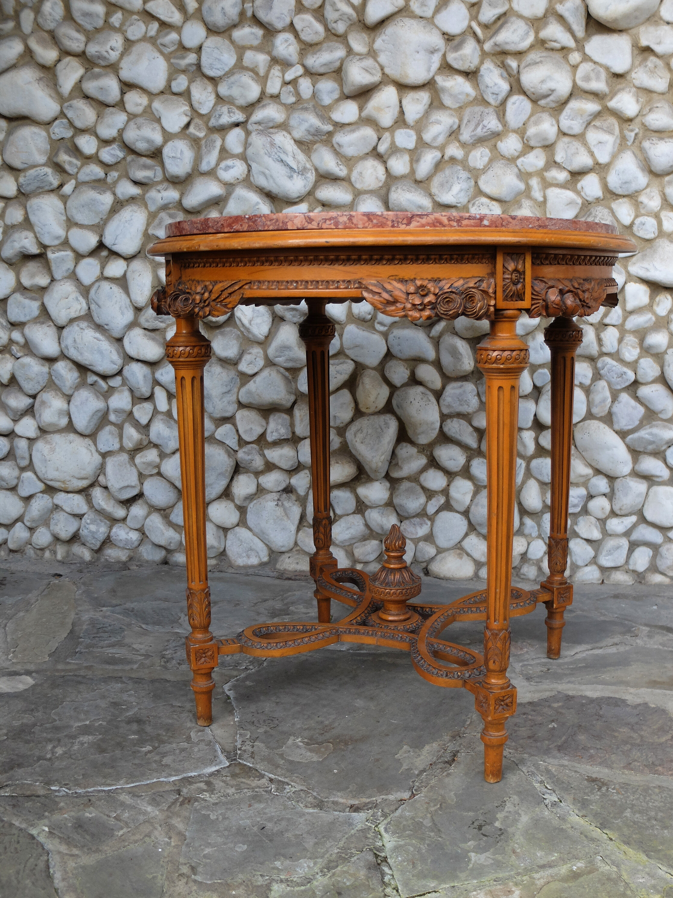 Antique round table plateau pink marble fully carved 1900s