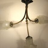 Three-spoke brass and glass chandelier