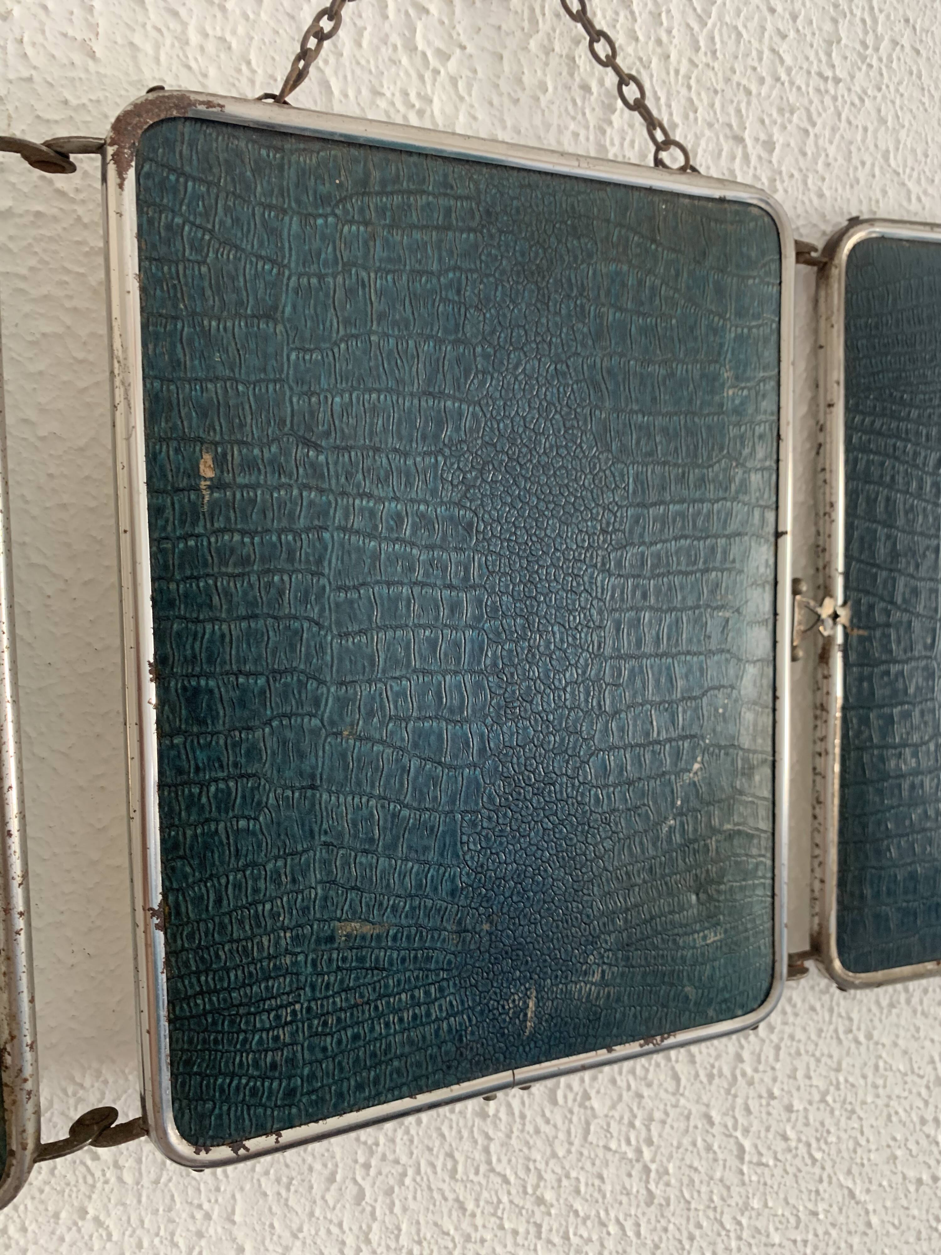 Miroir vintage 1950 triptyque barbier biseauté canard - 24 x 58 cm