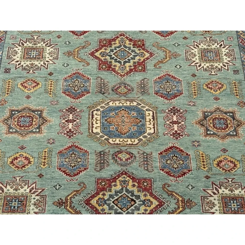 Contemporary Handmade Wool Area Rug, Turquoise Geometric Pattern Carpet for Living Room