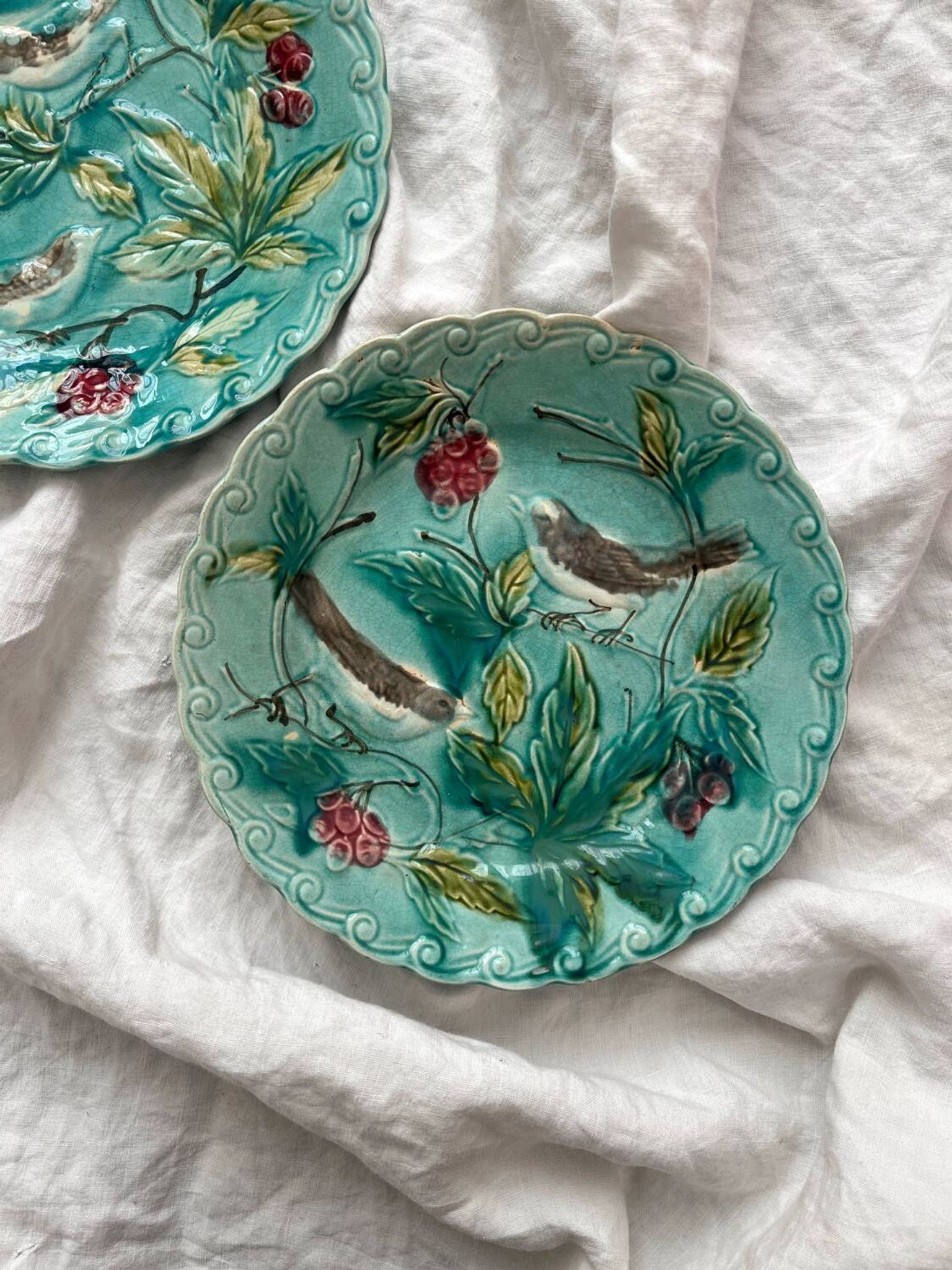 Two Onnaing barbotine bird plates, late 19th century