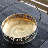 Worked metal fruit basket and glass