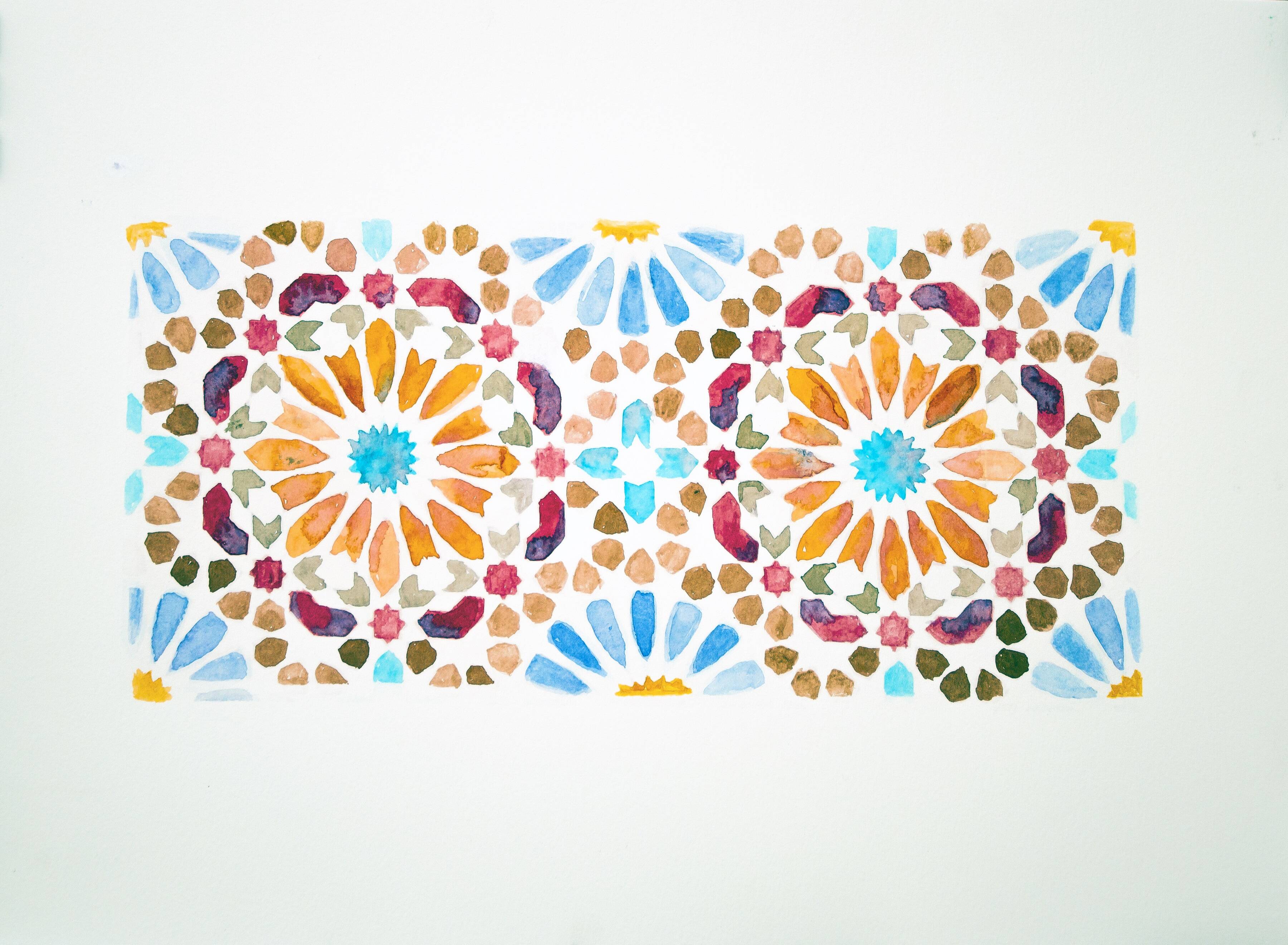 Original watercolor Arabic tile. Arabic tile painting. Watercolor Mozarabic pattern. Mozarabic pattern.