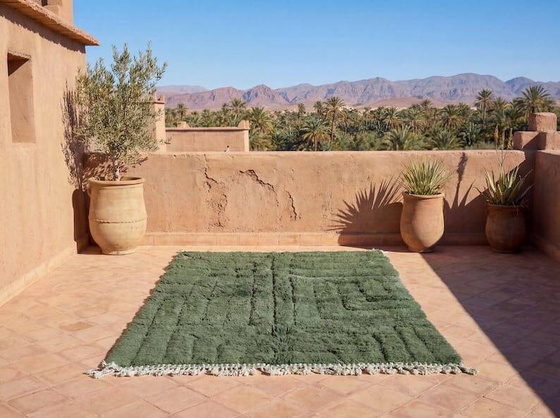 Traditional pure wool green beni ourain rug size 150x250 cm