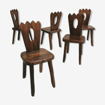 Suite of 5 chairs in solid elm, 1950