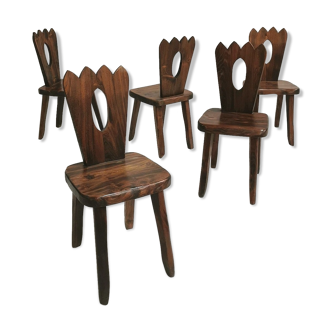 Suite of 5 chairs in solid elm, 1950