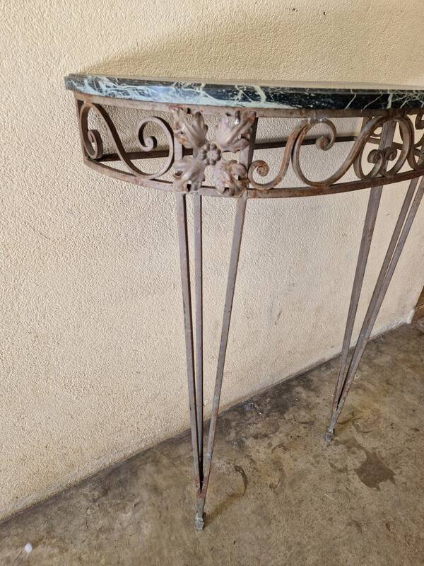 Half moon console - Wrought iron and green marble top - Design 1940