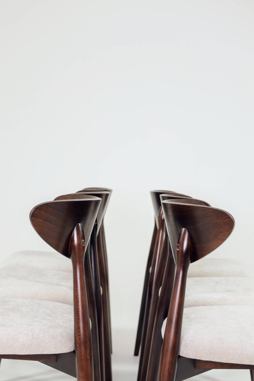 Modern Set of 6 Dining Chairs, Ecru Farbic and Dark walnut beech wood
