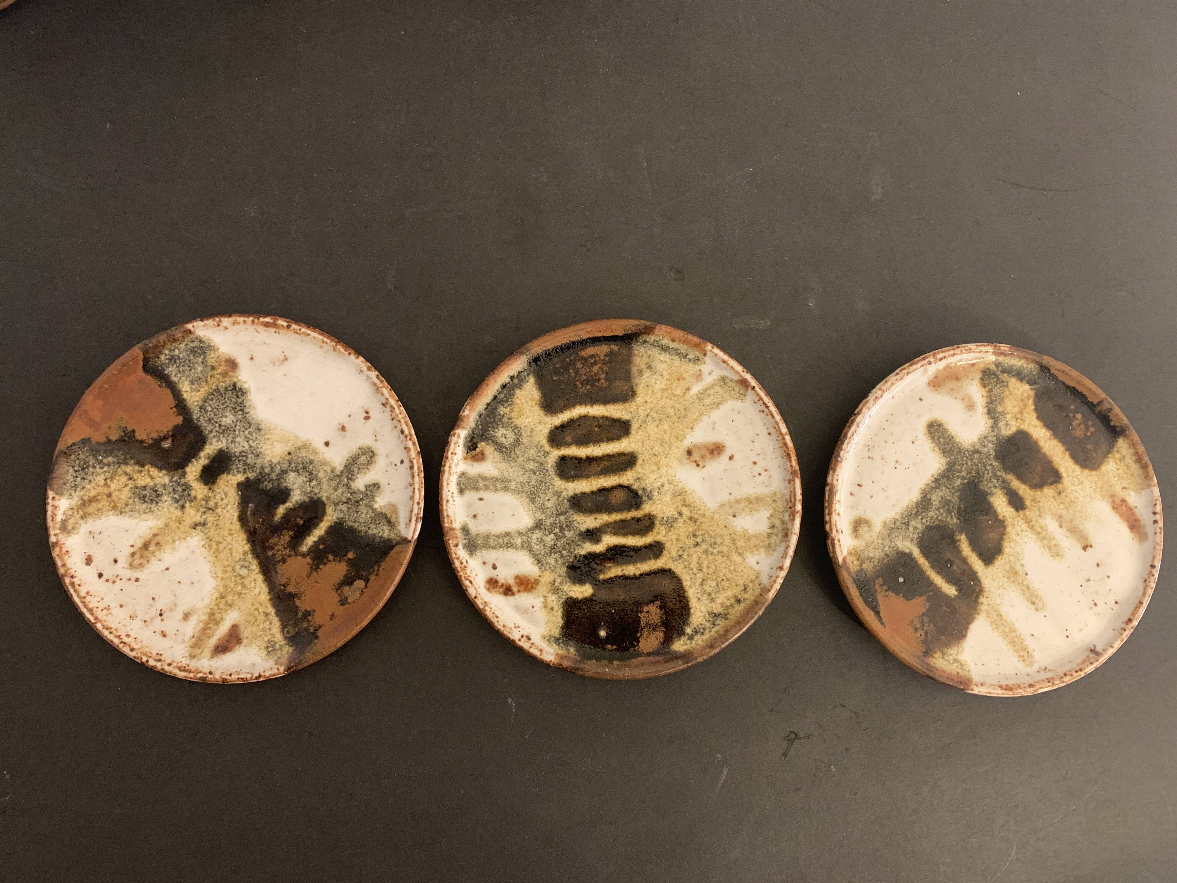 Set of 3 Danish Waldorff cups and 3 saucers in glazed stoneware