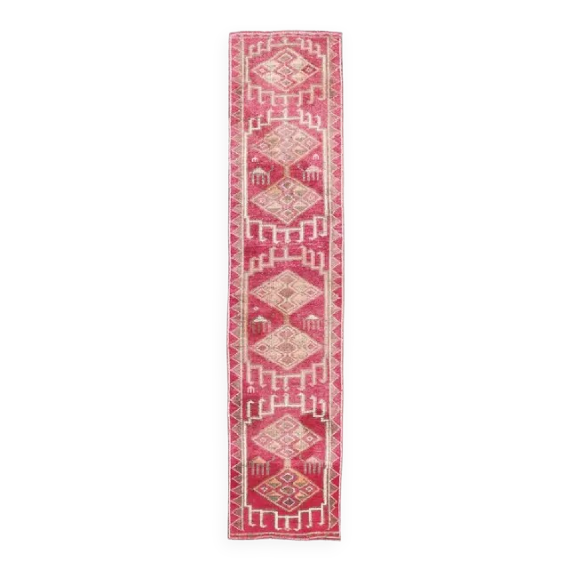 Vintage Pink Geometric Turkish Hand-Knotted Runner 80x361