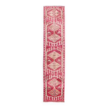 Vintage Pink Geometric Turkish Hand-Knotted Runner 80x361