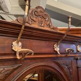Solid walnut vestibule coat rack with oval mirror and bronze hooks