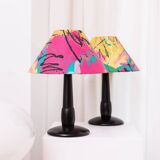 Pair of Memphis Pop Art Table Lamps, Multicolored Fabric Shades, Black Lacquered Bases - Belgian Massive, 1980s
