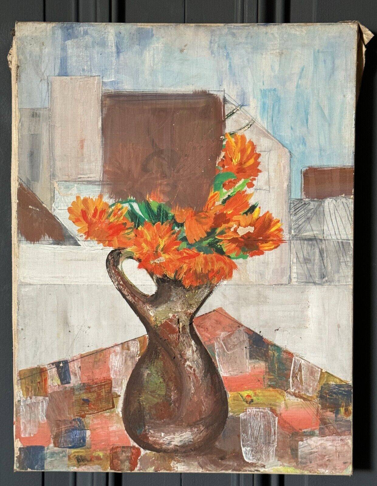 Oil on canvas still life bouquet of flowers mid 20th century