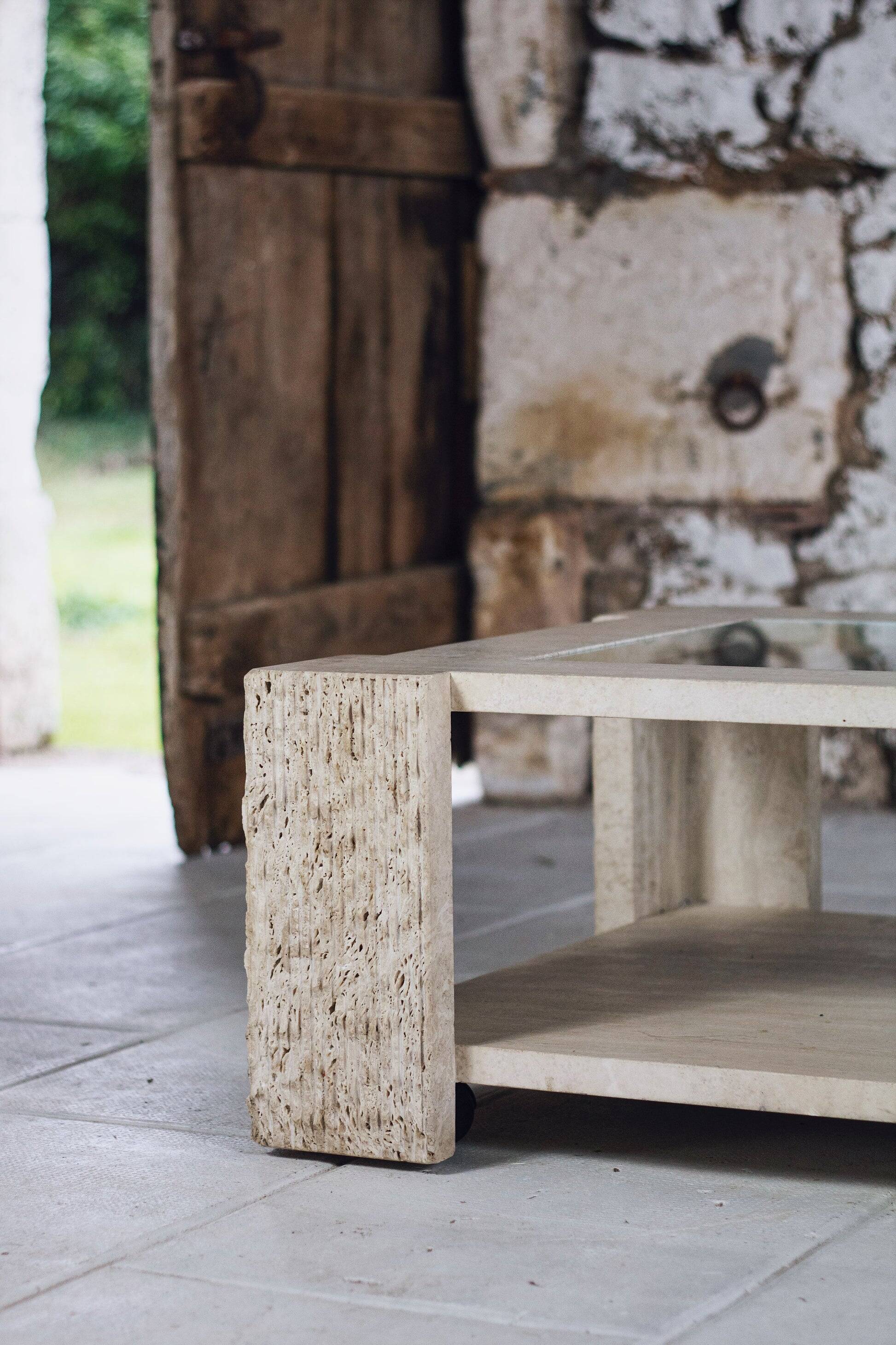 Coffee table in travertine and glass by Claude Berraldacci
