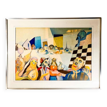Cubo-surrealist painting, mixed technique on paper