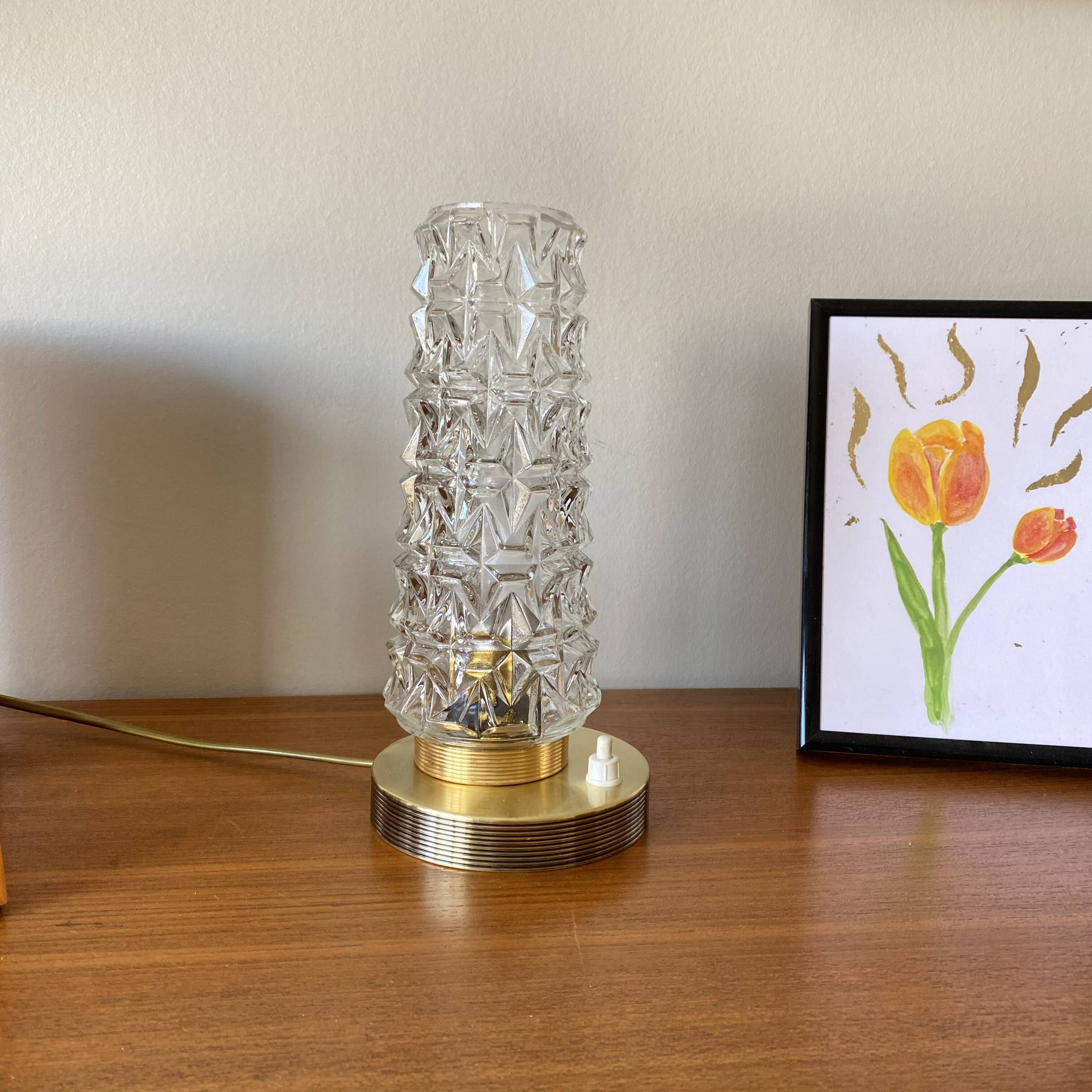 Vintage tulip-shaped table, desk, and bedside lamp with antique glass shade and brass base