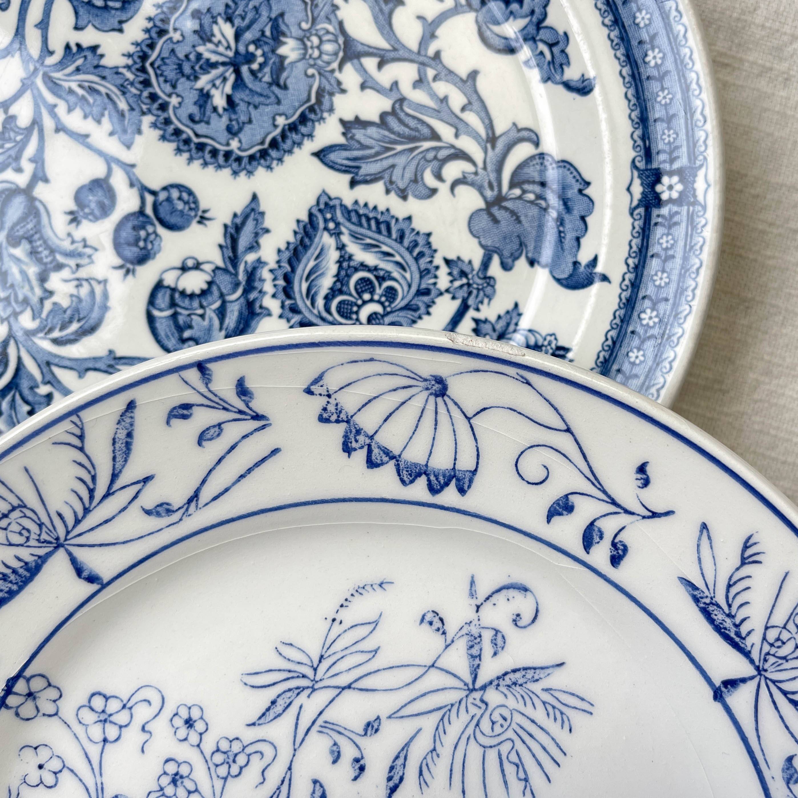 6 Vintage White Porcelain Plates with Gold Trim + 6 Small Mismatched Blue Jacobean Plates