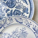 6 Vintage White Porcelain Plates with Gold Trim + 6 Small Mismatched Blue Jacobean Plates