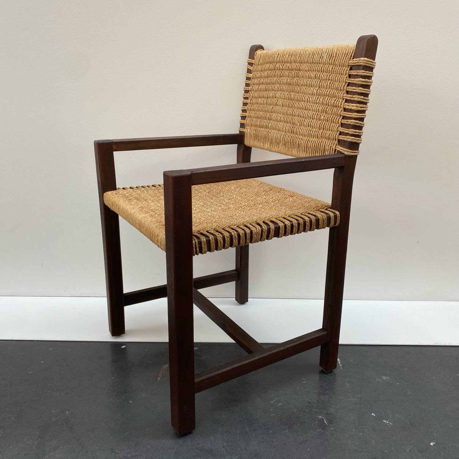 Brutalist armchair in wood and rope