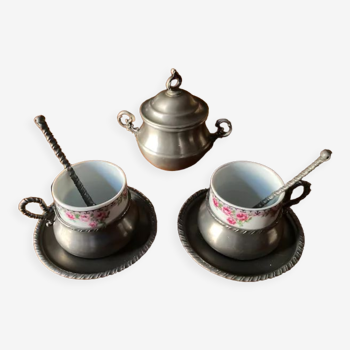 Tin and porcelain coffee and sugar cups