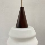 Teak and opaline pendant light from the 60s by Louis Kalff for Philips