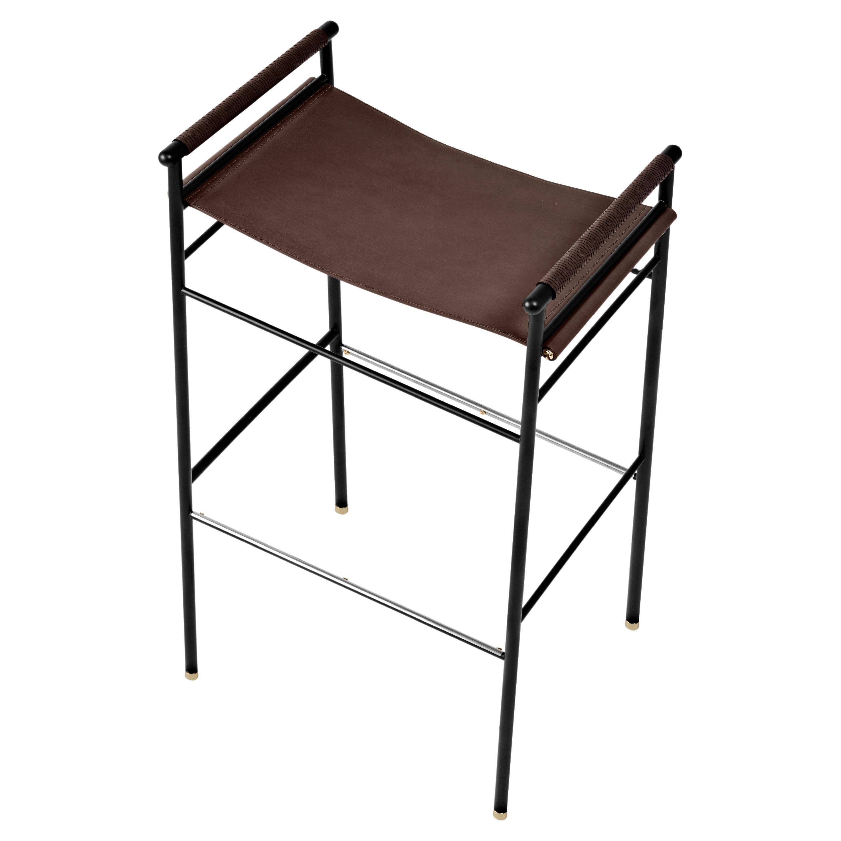 Lote de 5 Taburete de Bar Clásico Contemporáneo Marrón Oscuro Piel Goma Negra Metal