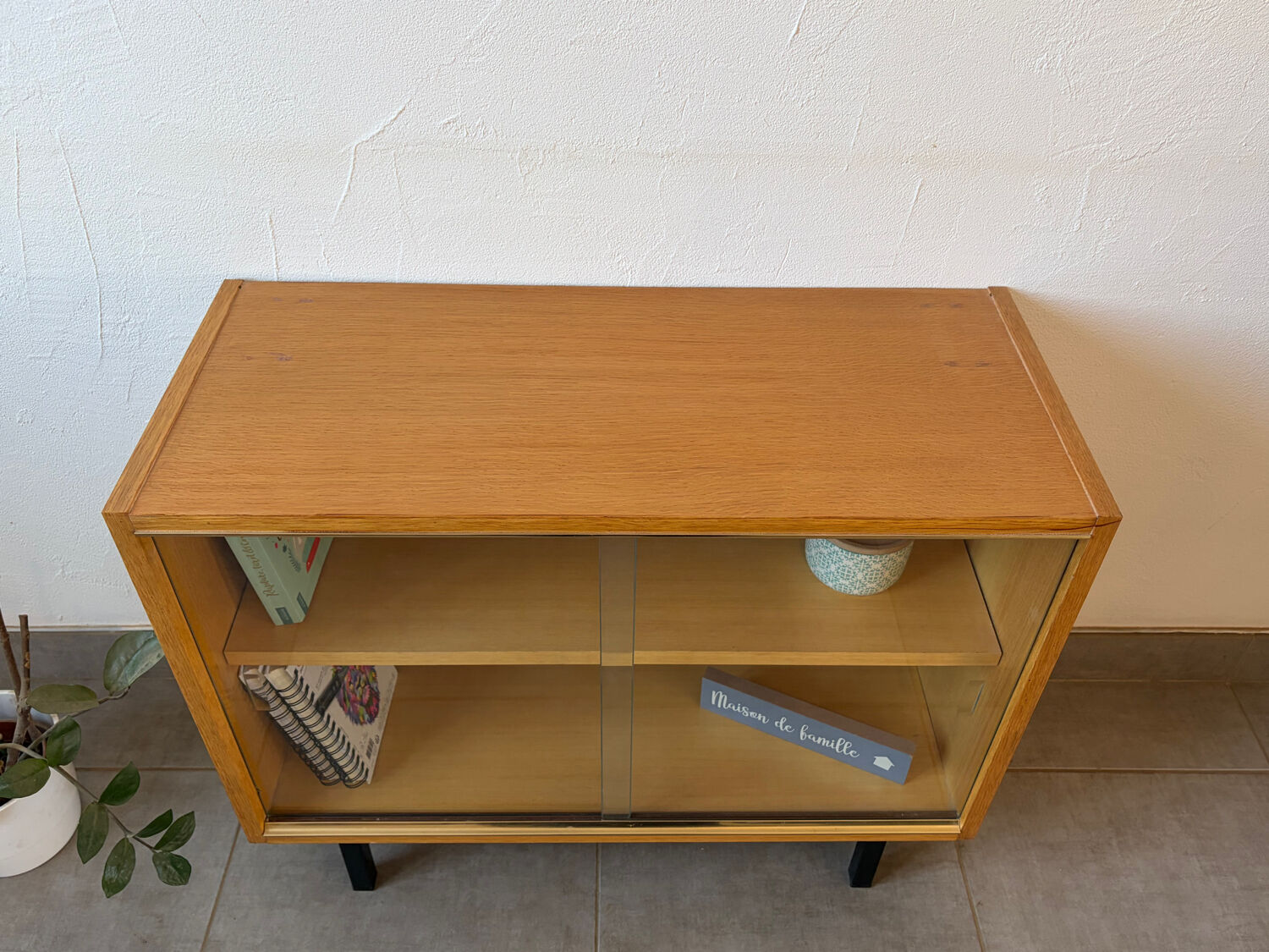 Vintage oak display cabinet from the 1960s.