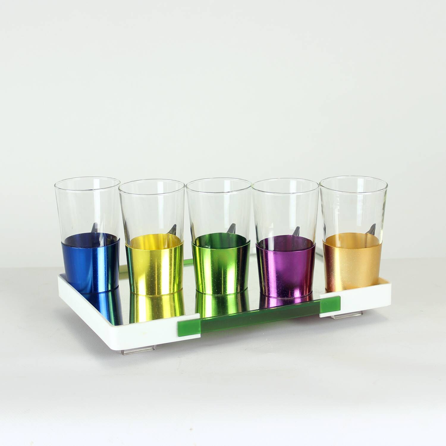 Set Of Colorful Drinking Glasses With A Tray, Czechoslovakia 1960s