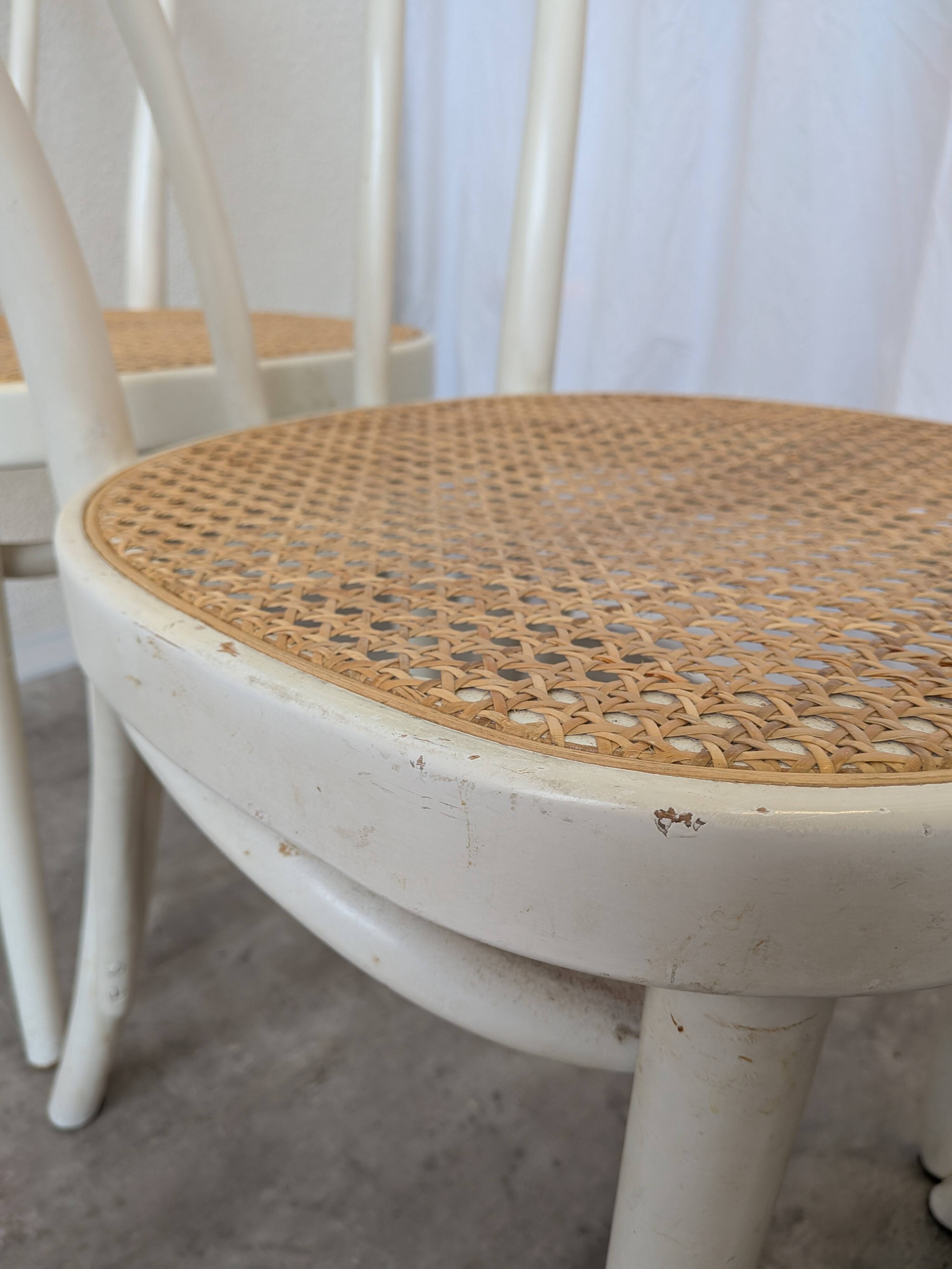 Ensemble de 6 chaises de salle à manger vintage de style Thonet : bois blanc et assise en cannage.