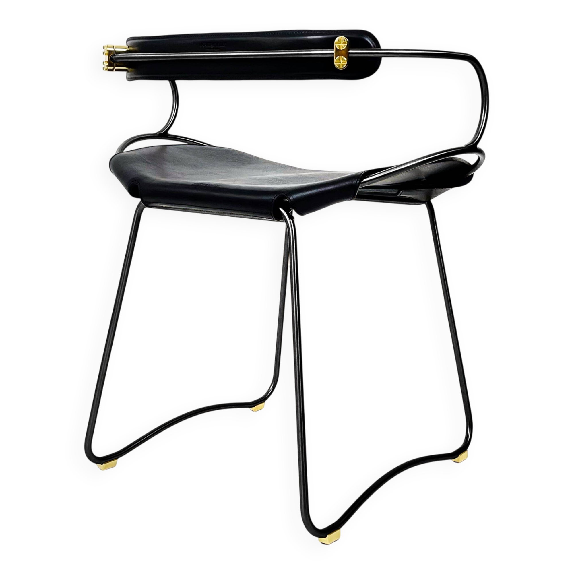 Contemporary kitchen bar stool with black steel backrest.