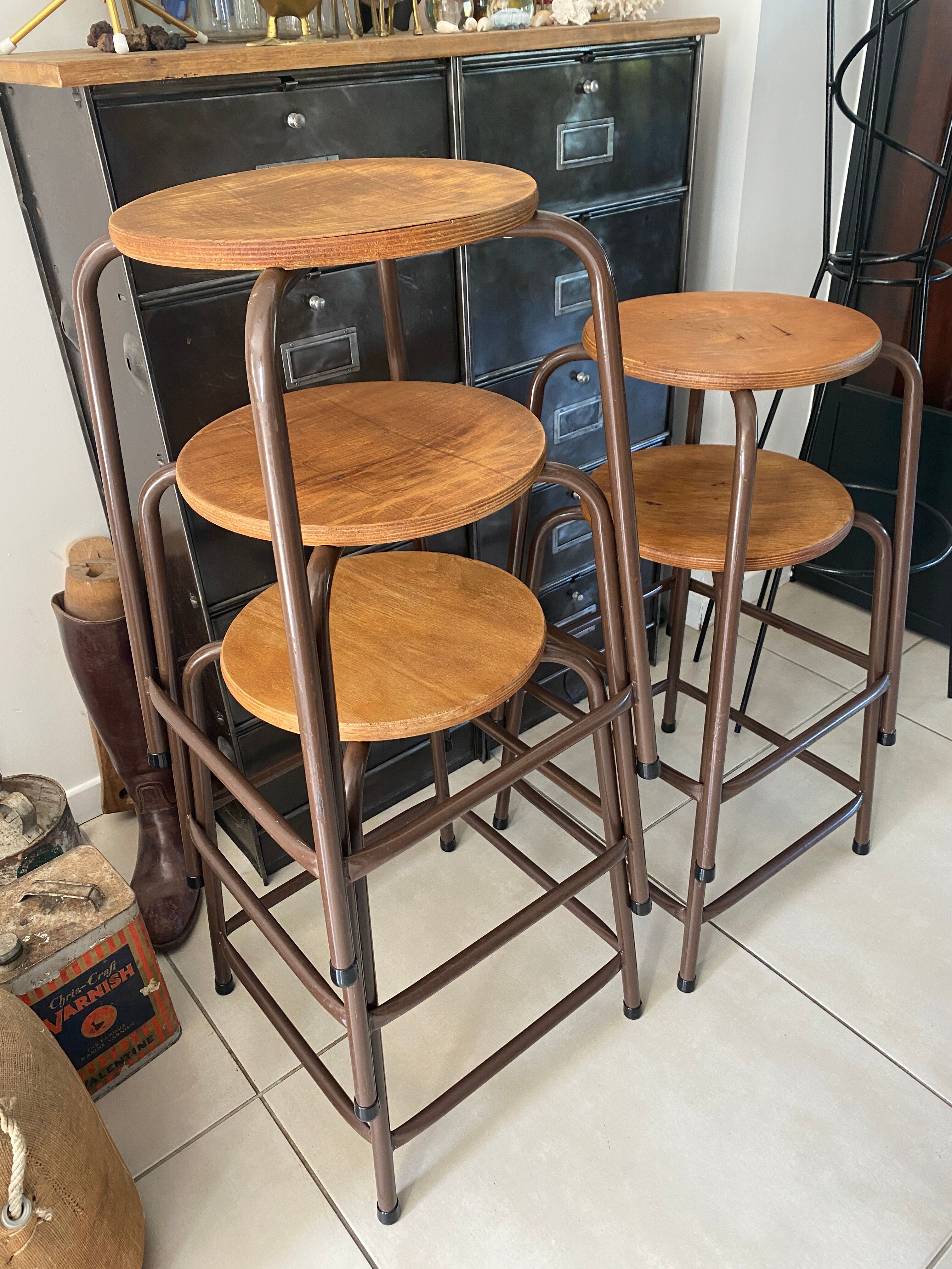 Series of 5 metal and wood workshop stools