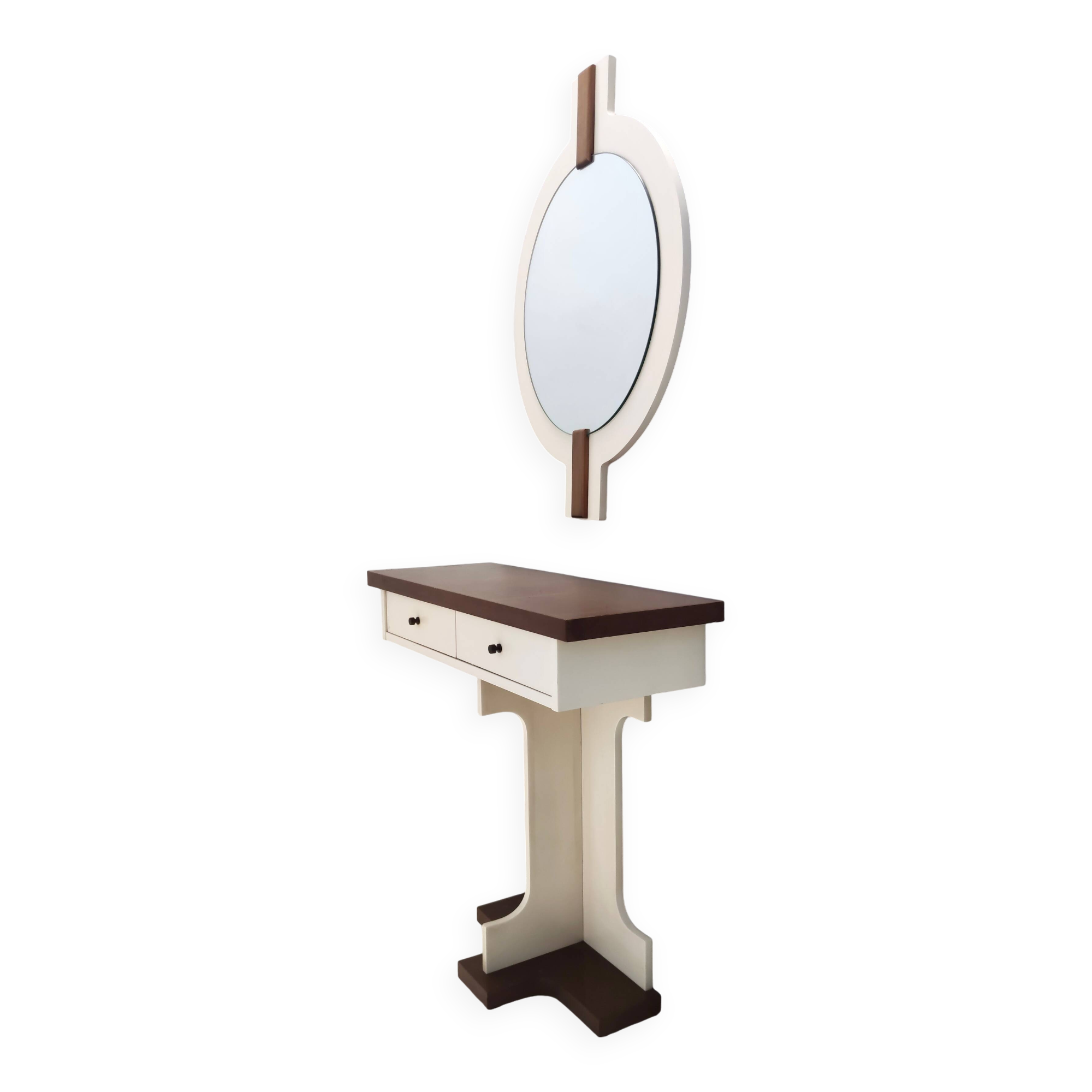 Miroir mural et console postmoderne en noyer laqué ivoire, Italie