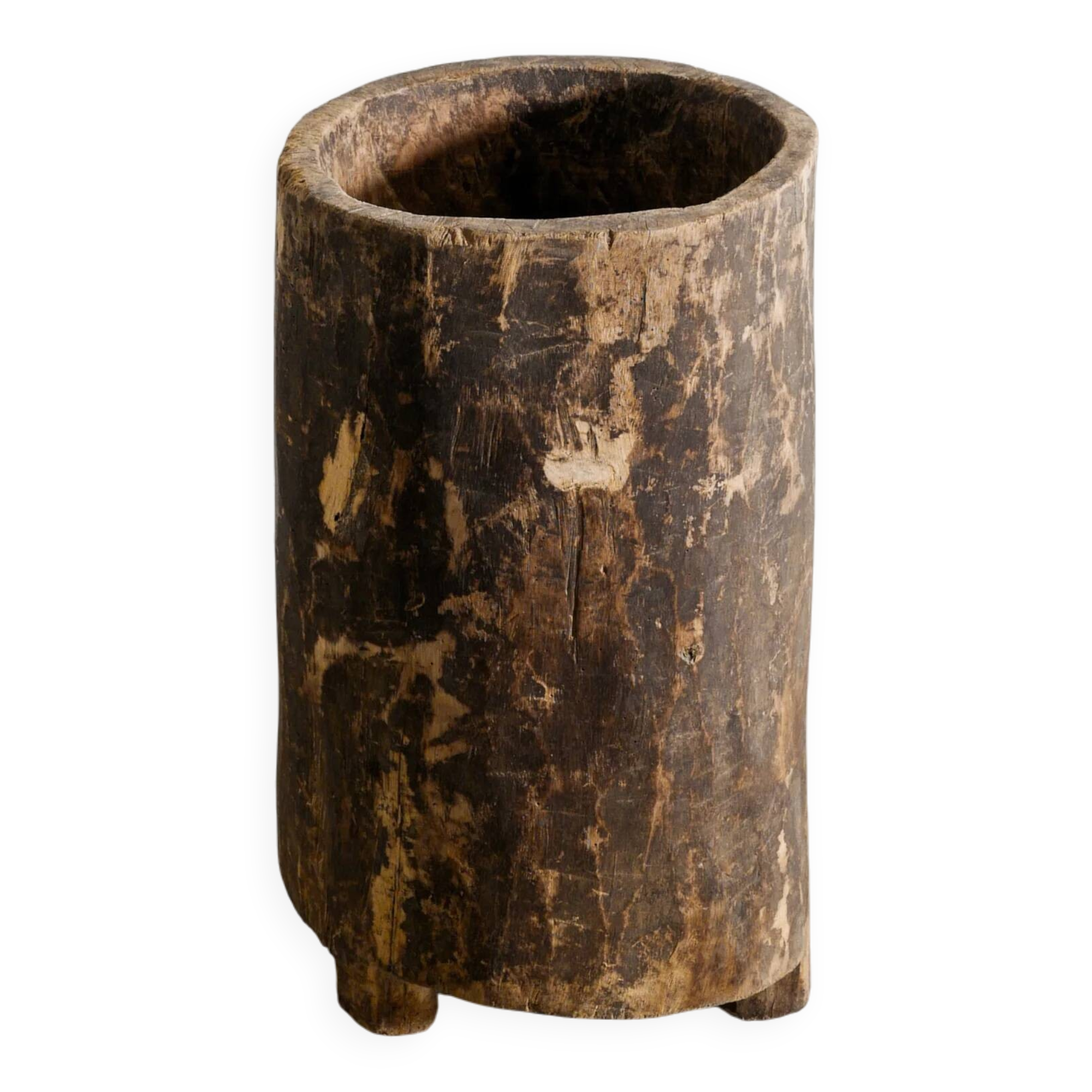 Vintage Mid Century Wooden Naga Round Planter, India 1950s