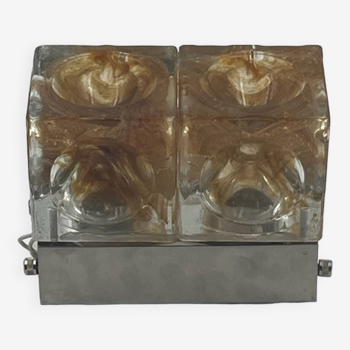 Iconic Poliarte 'Denebe' wall or ceiling lamp 70s-Two handmade amber glass cubes