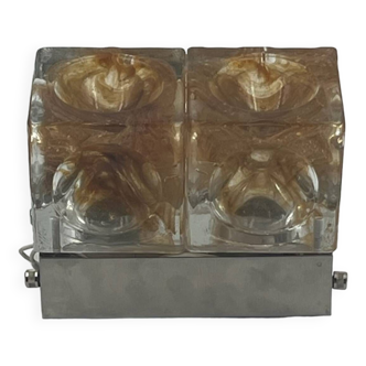 Lampe murale ou plafonnier Poliarte 'Denebe' des années 70 - Deux cubes en verre ambré faits à la main
