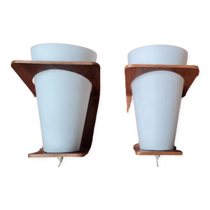 Pair of Louis Kalff frosted wood and opaline sconces