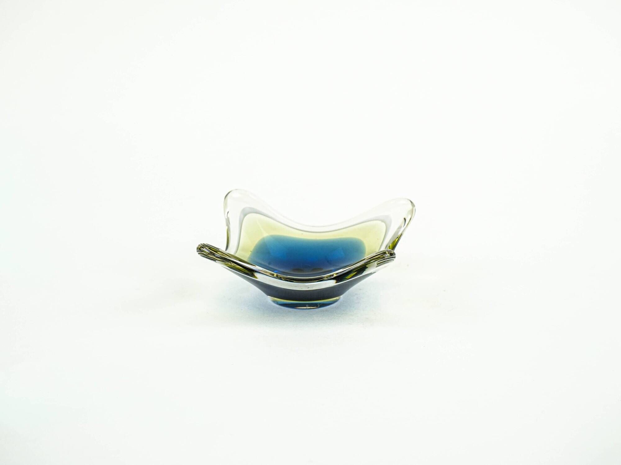 Art glass platter with organic form in blue and yellow, Europe, 1970s