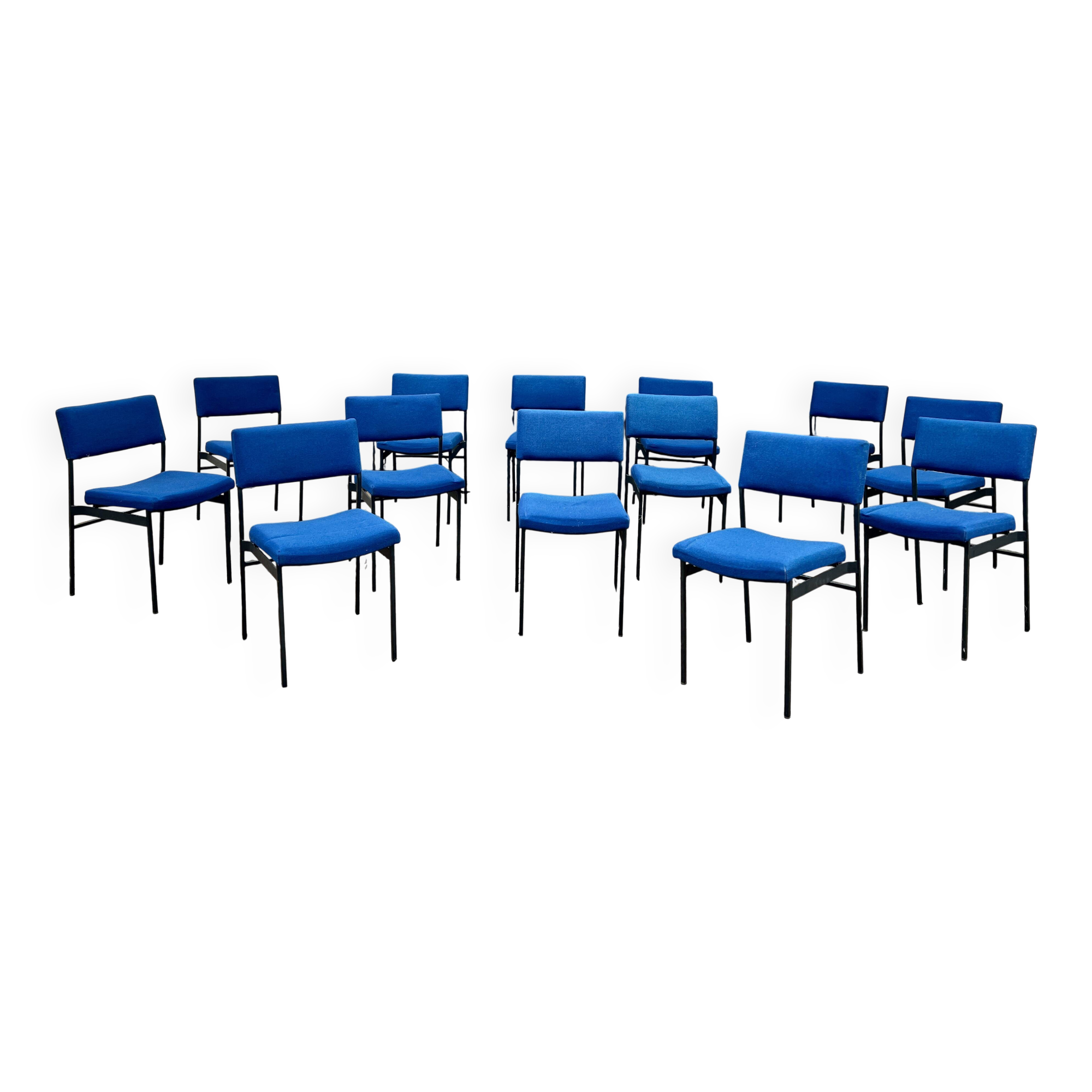 🪑 Set of 13 vintage blue fabric chairs – black metal legs – Guer style