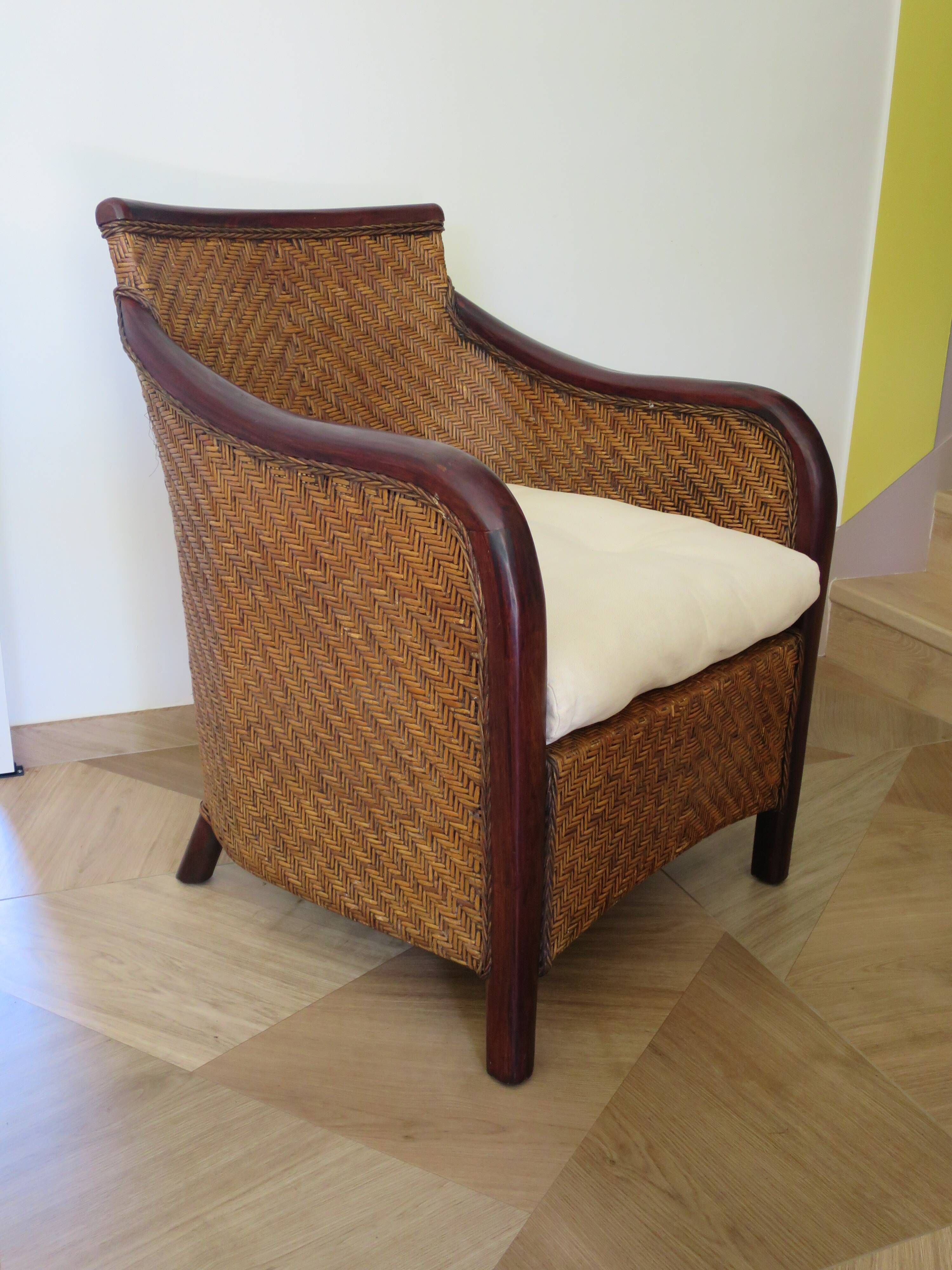 Colonial style armchair - woven rattan and exotic wood - vintage