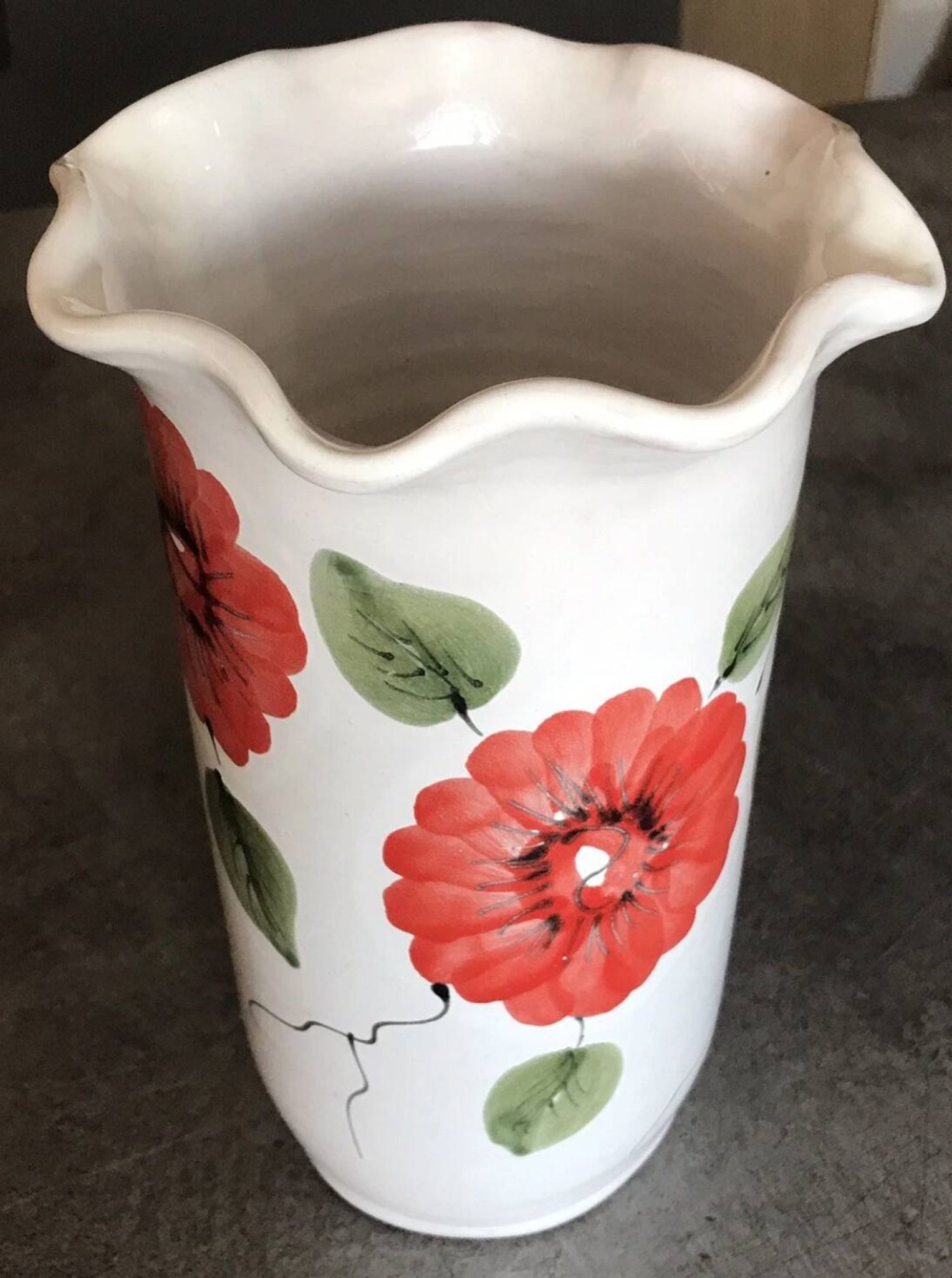 Vase, vintage glazed terracotta pottery, with signed floral decoration